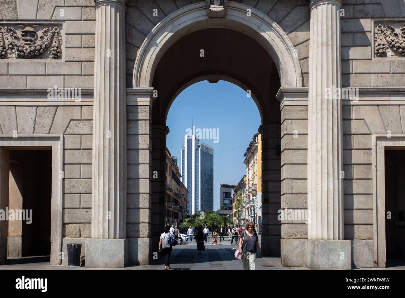 Garibaldi Door is one of the historic entrance to the city of Milan. It leads to Corso Como a pedestrian street with restaurants and shops. Stock Photo