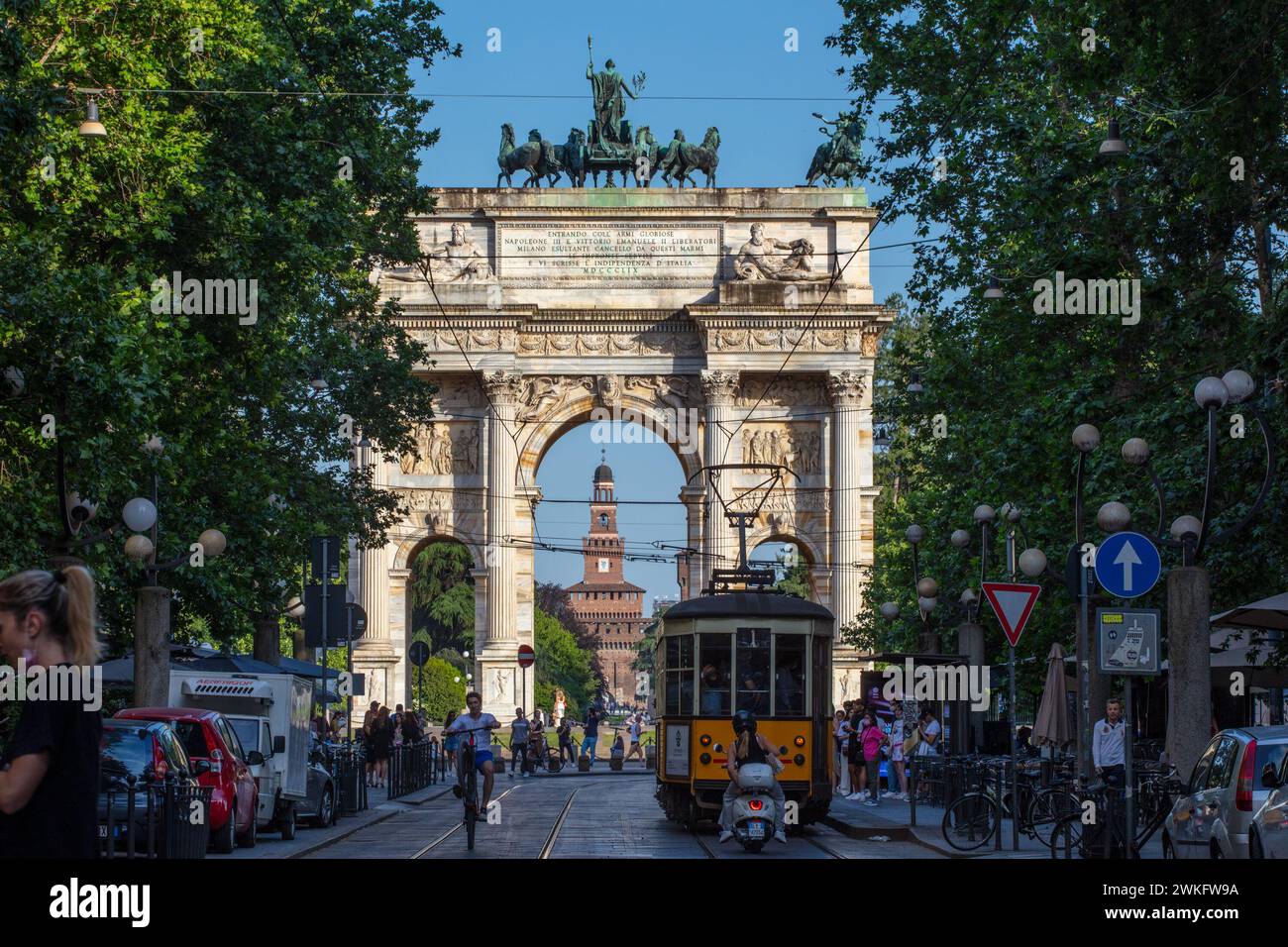 Arco della Pace, Peace Arch, in Piazza Sempione of Milan. It is one of the landmarks of the city. Stock Photo