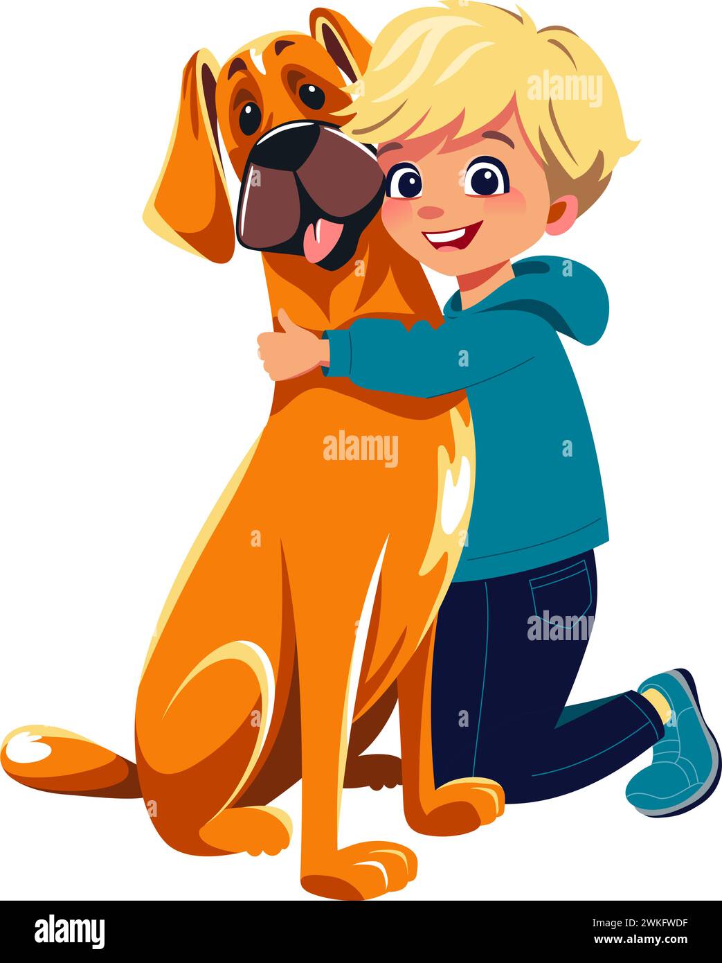 Smiling blond boy kid hugging happy big ginger dog Great Dane. Flat vector isolated illustration Stock Vector