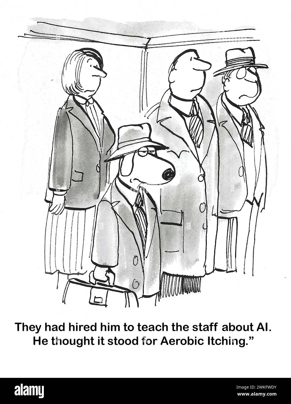 BW cartoon of a business dog in an elevator on his way to train employees on AI.  He thinks it means Aerobic Itching. Stock Photo