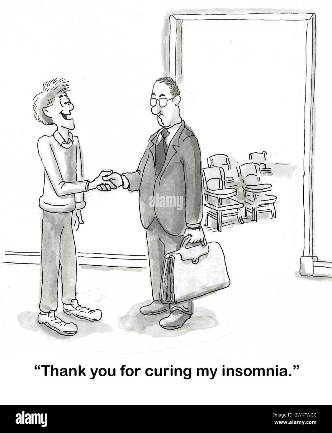 BW cartoon of a male student shaking the professor's hand while stating the male professor cured his insomnia. Stock Photo