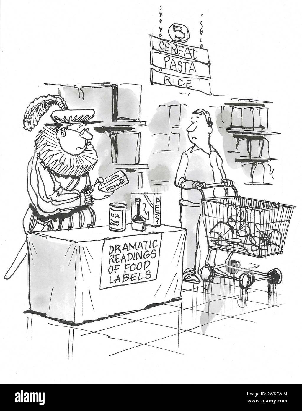 BW cartoon of a Shakespearean actor reading the food labels, in full ...