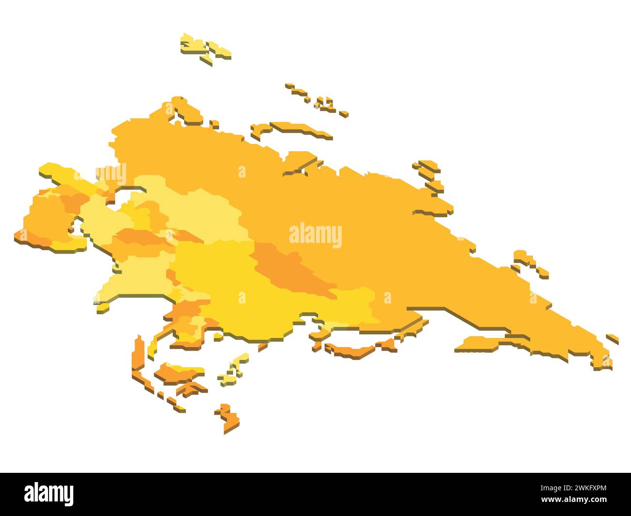 Isometric political map of Asia. Colorful blank map on white background. 3D vector illustration