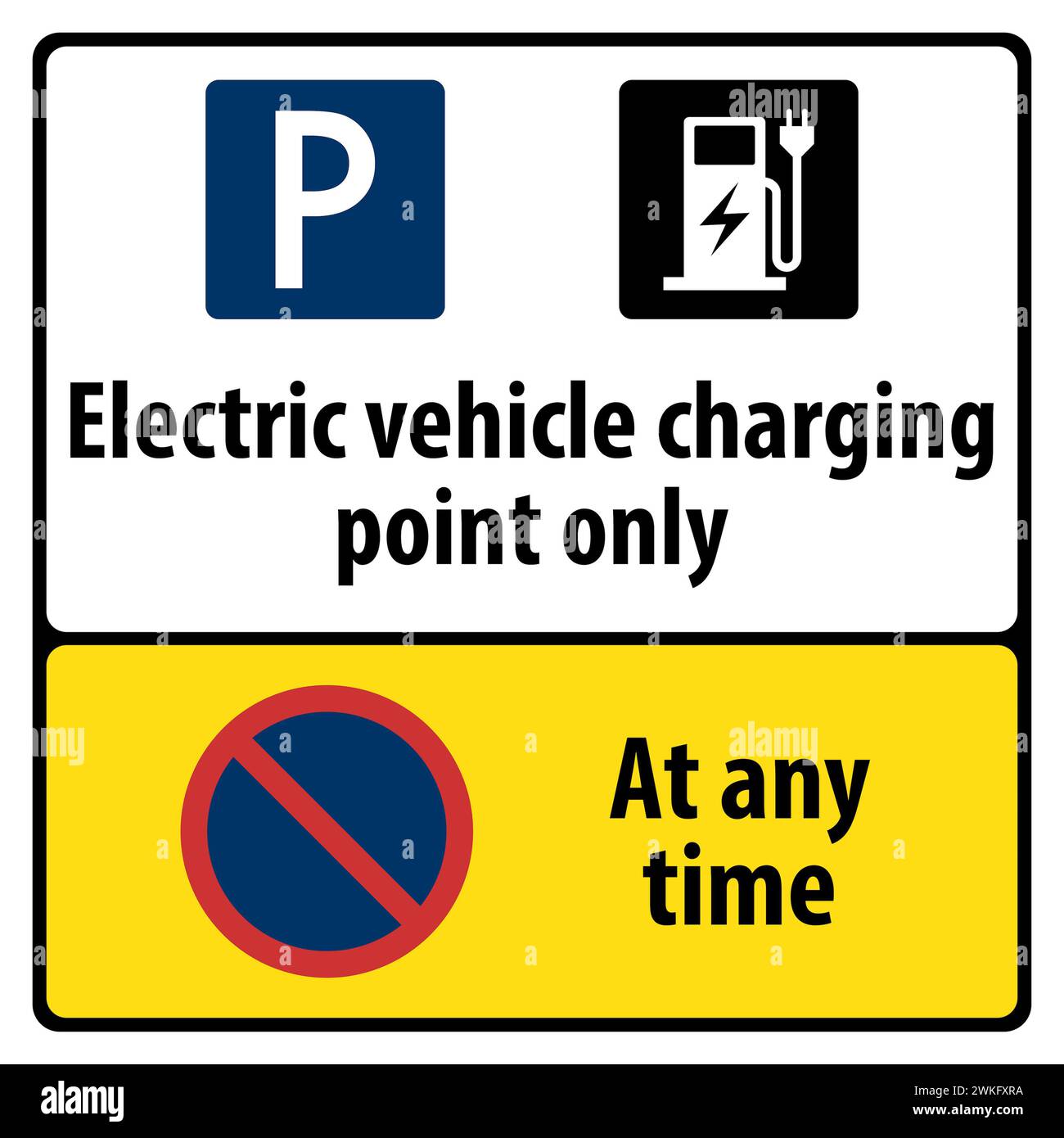 Graphic of sign for electric vehicle charging point only warning that parking is not allowed at any time Stock Photo