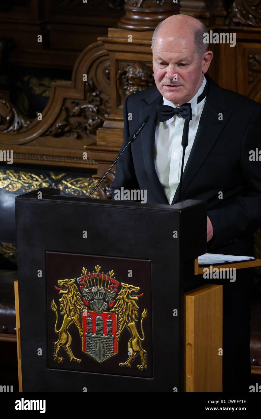 Hamburg, Germany. 20th Feb, 2024. Federal Chancellor Olaf Scholz (SPD) speaks at the traditional Matthiae-Mahl of the Hamburg Senate in the Great Festival Hall of the City Hall. The Matthiae-Mahl is considered to be the oldest still celebrated banquet in the world. This year's guests of honor are Scholz and Kaja Kallas, Prime Minister of the Republic of Estonia. Credit: Christian Charisius/dpa/Alamy Live News Stock Photo