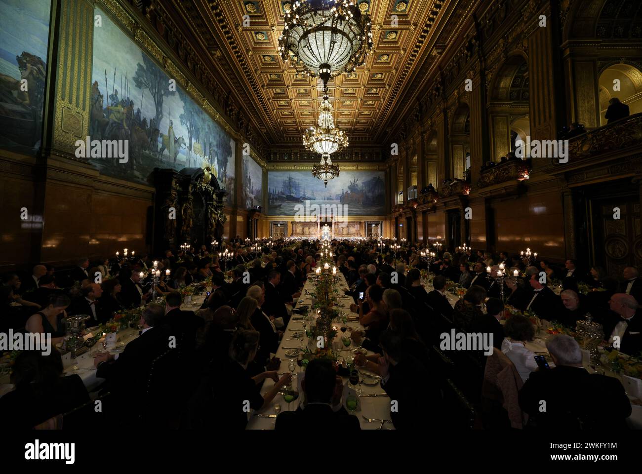 Hamburg, Germany. 20th Feb, 2024. Federal Chancellor Olaf Scholz (SPD) speaks at the traditional Matthiae-Mahl of the Hamburg Senate in the Great Festival Hall of the City Hall. The Matthiae-Mahl is considered to be the oldest still celebrated banquet in the world. This year's guests of honor are Scholz and Kaja Kallas, Prime Minister of the Republic of Estonia. Credit: Christian Charisius/dpa/Alamy Live News Stock Photo