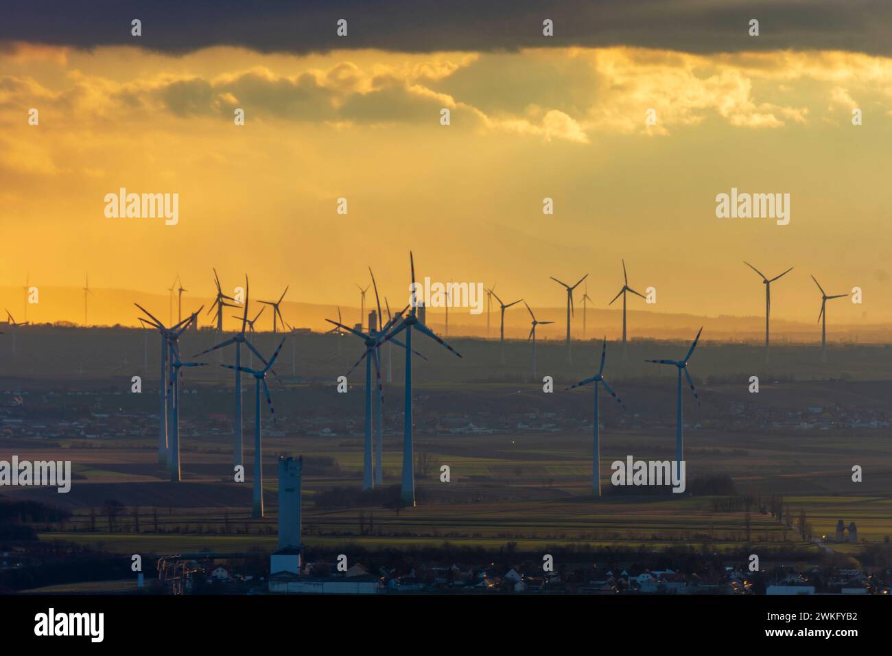 wind turbines, sunset Petronell-Carnuntum Donau Niederösterreich, Lower Austria Austria Stock Photo
