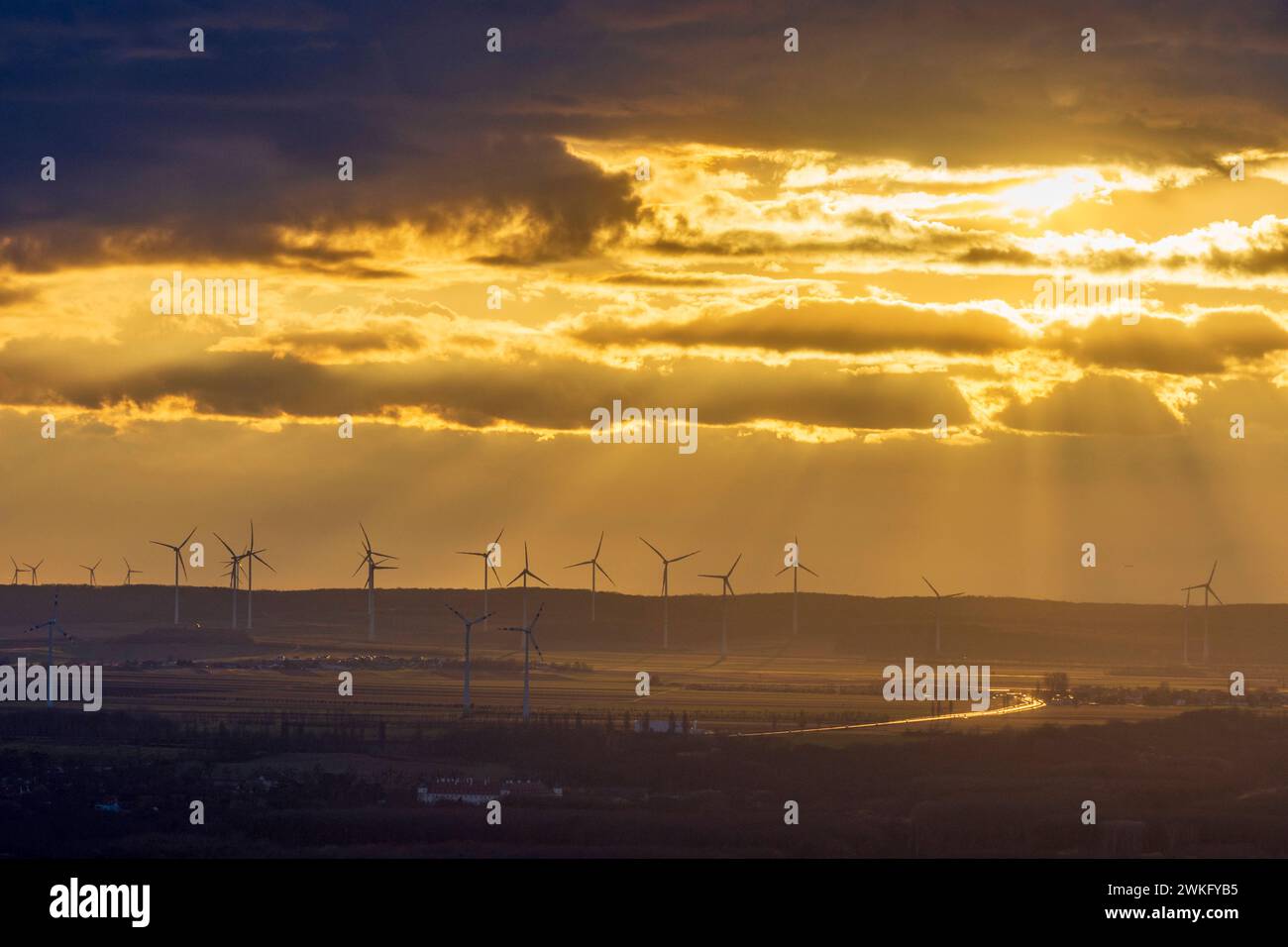 wind turbines, sunset Petronell-Carnuntum Donau Niederösterreich, Lower Austria Austria Stock Photo