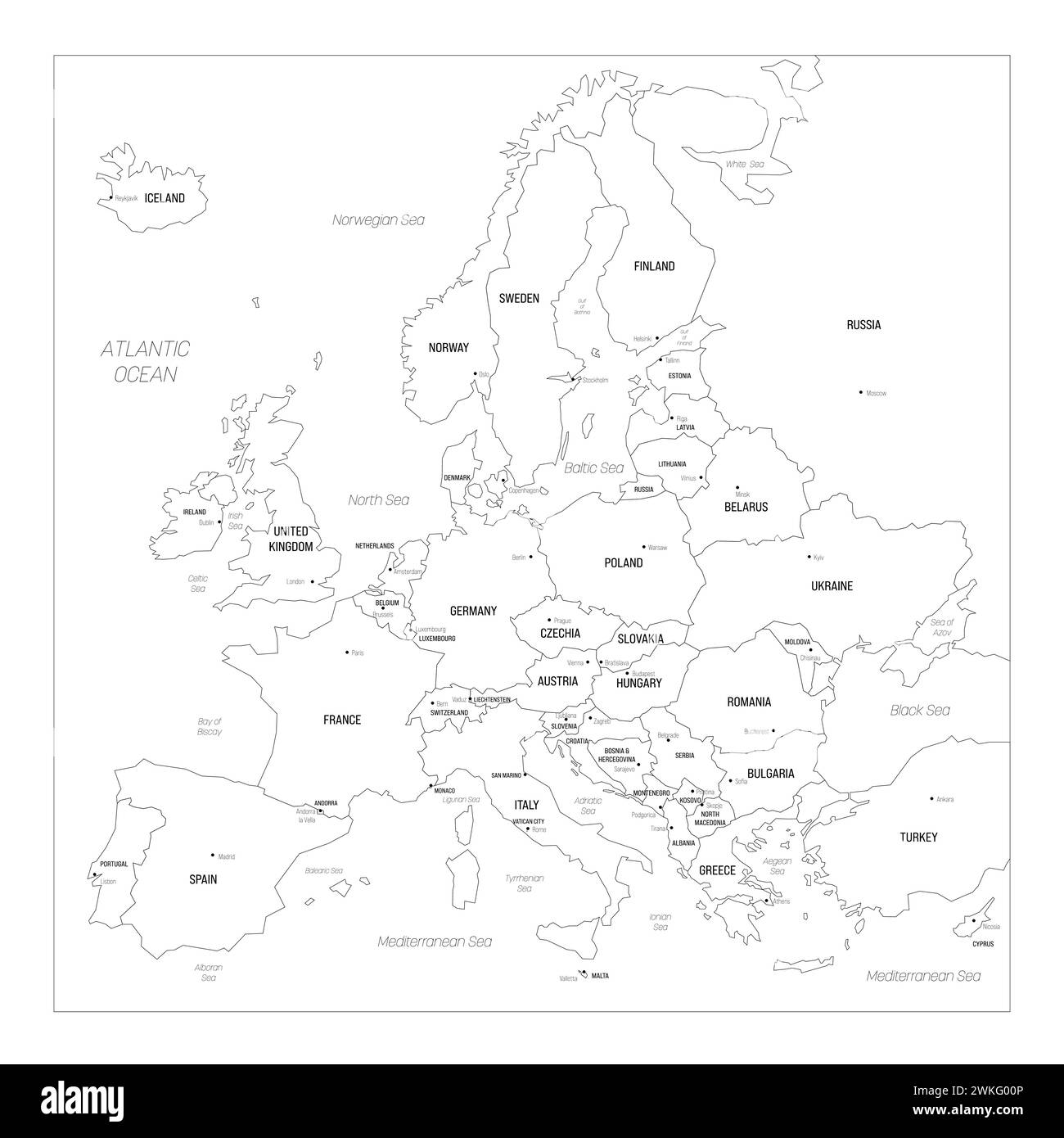 Political map of Europe. Blue colored vector map with capital cities of