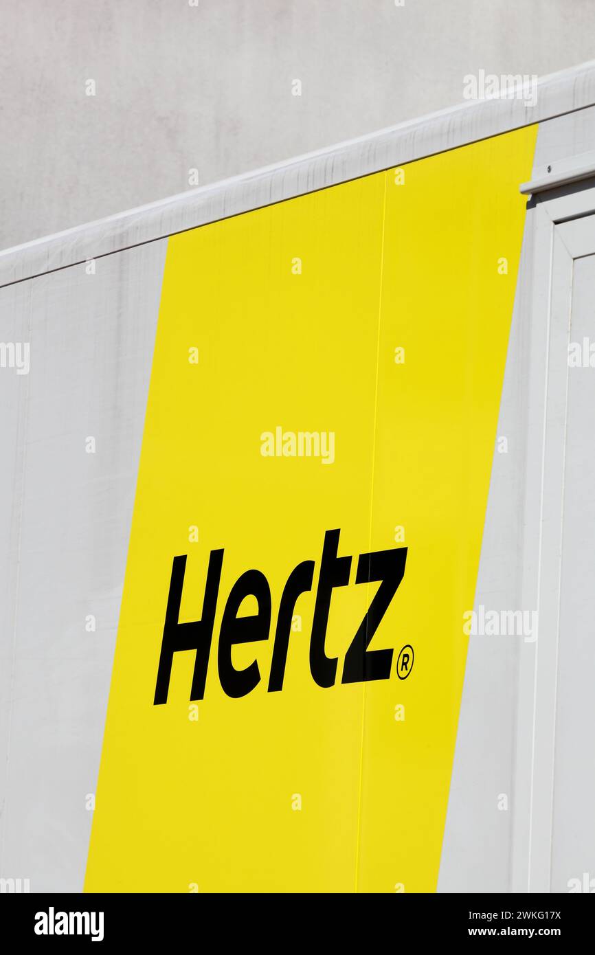 Aarhus, Denmark - August 25, 2019: Hertz logo on a truck. Hertz is an American car rental company with international locations in 145 countries Stock Photo