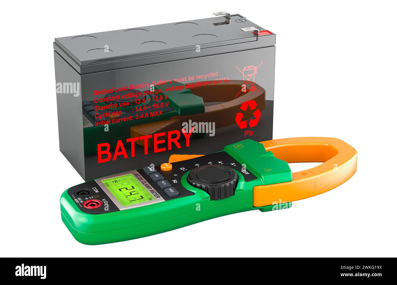 Sealed Lead Acid Battery with Digital Clamp Meter Multimeter, 3D rendering isolated on white background Stock Photo