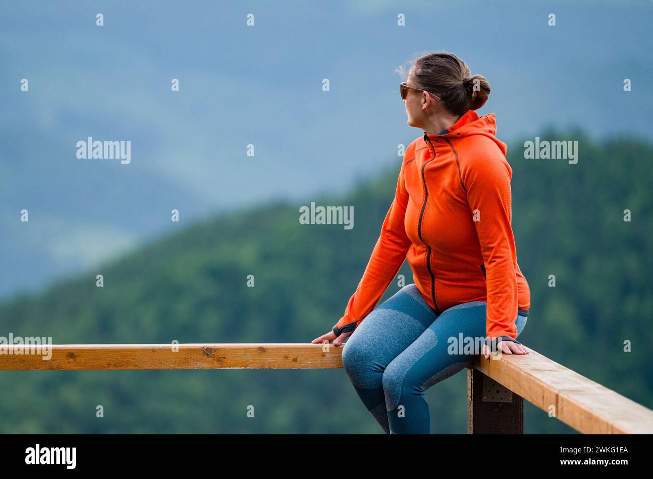 a young girl sits on a wooden handrail, against the background of mountains and evergreen forest. Stock Photo