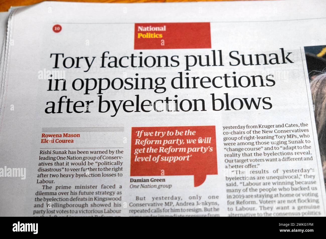 'Tory factions pull Sunak in opposing directions after byelection blows' Guardian newspaper headline Kingswood Wellingborough win 17  February 2024 UK Stock Photo