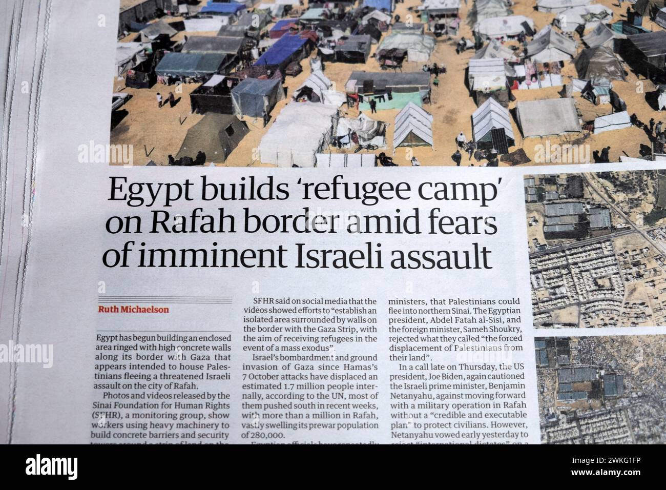 'Egypt builds 'refugee camp' on Rafah border amid fears of imminent Israeli assault' Guardian newspaper headline Israel Hamas war 17  February 2024 UK Stock Photo