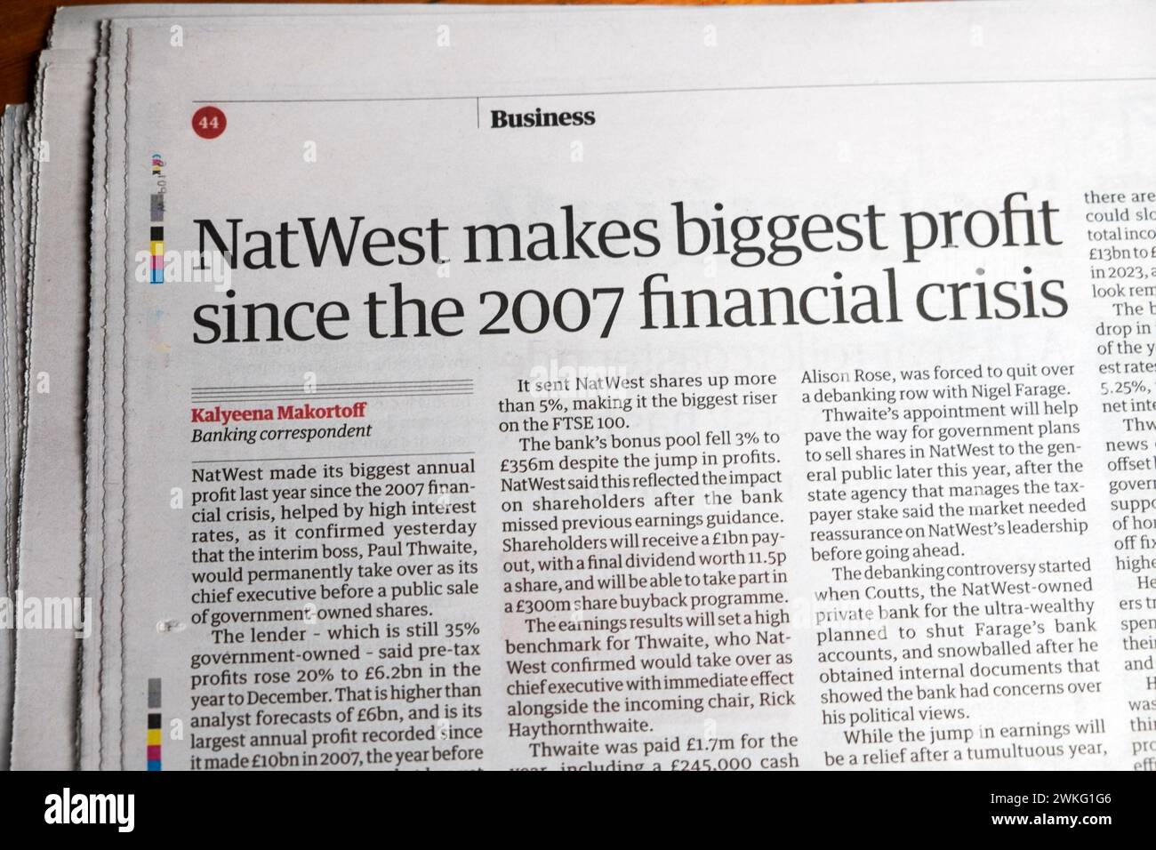 'NatWest makes biggest profit since the 2007 financial crisis' Guardian newspaper headline business article 17 February 2024 London England UK Stock Photo