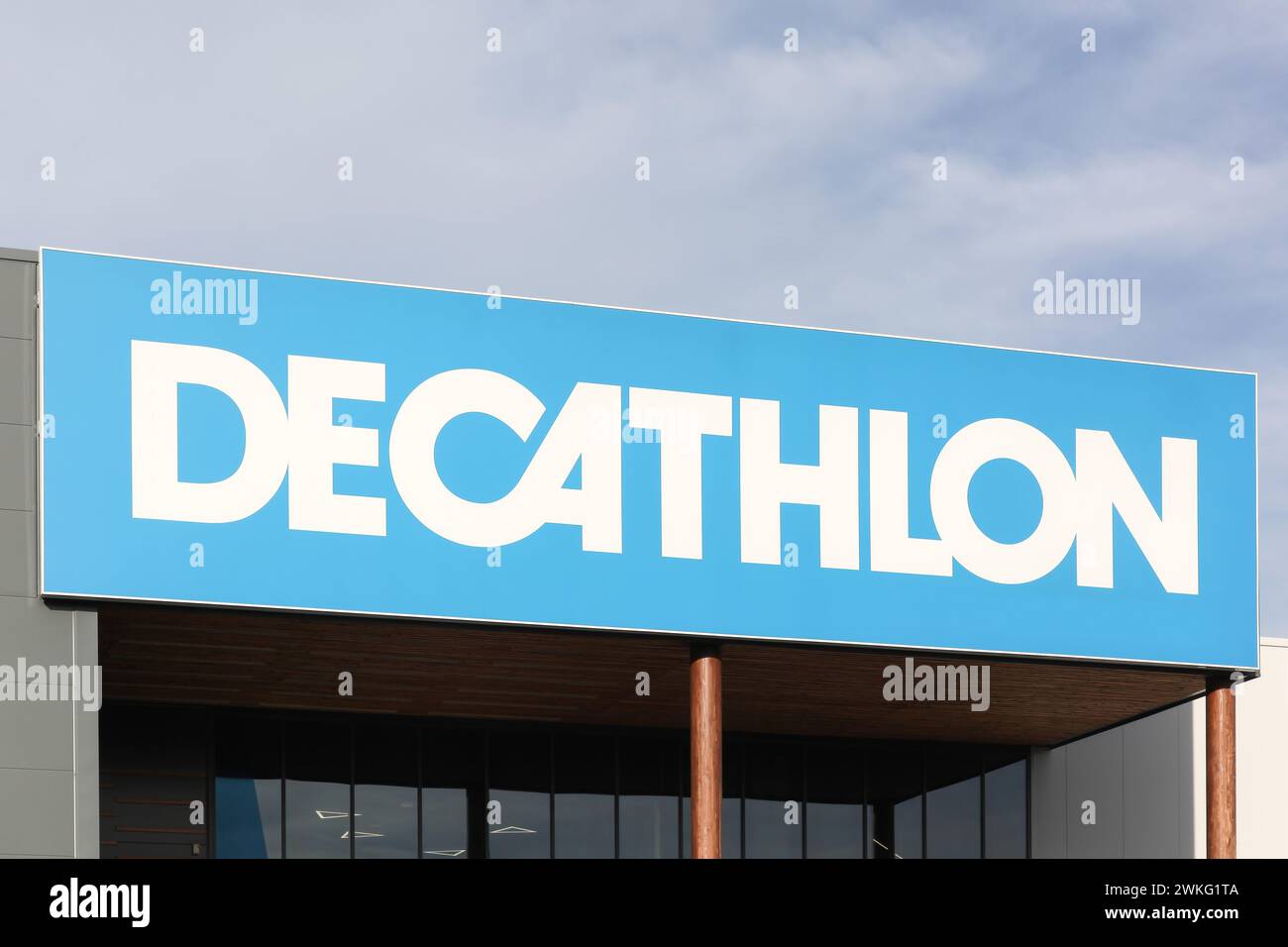 Bourg, France - October 4, 2023: Decathlon sign on a wall. Decathlon is a french company and one of the world's largest sporting goods retailers Stock Photo