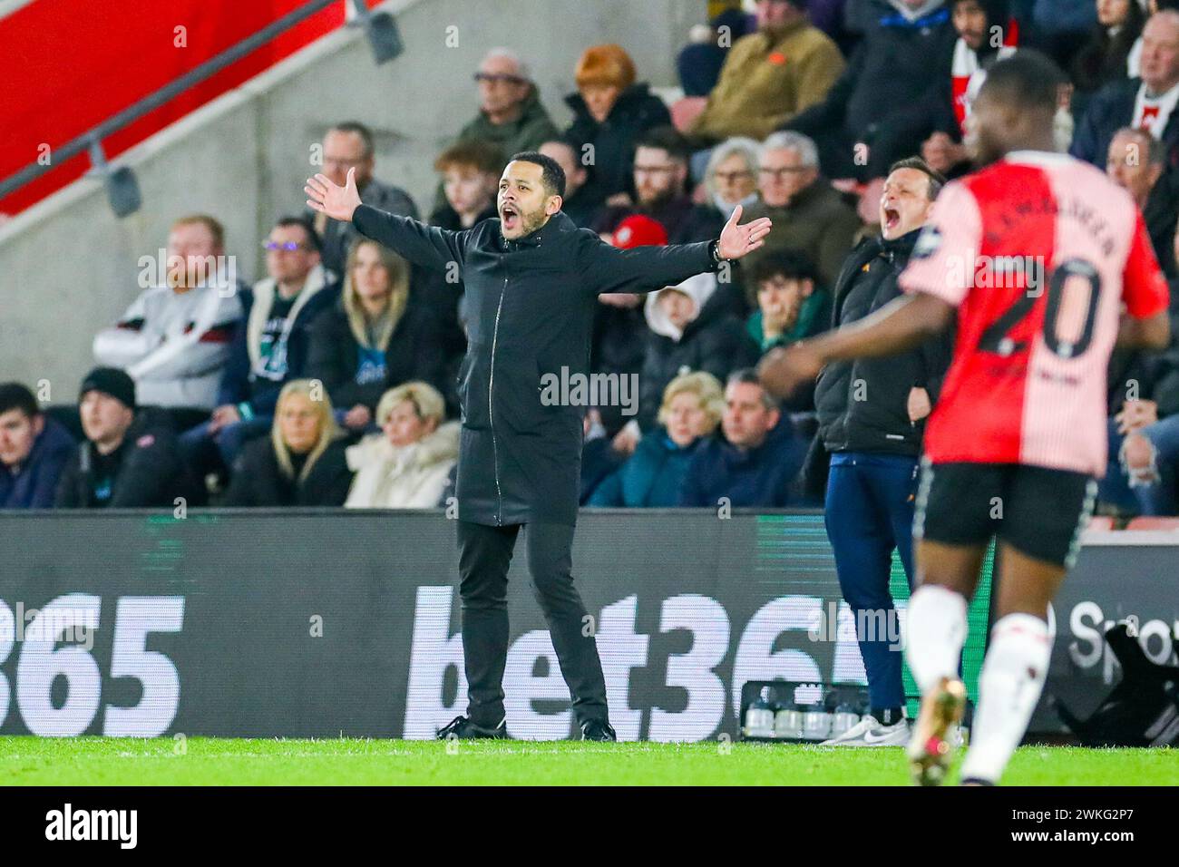 Southampton, UK. 20th Feb, 2024. Hull City Manager Liam Rosenior gestures during the Southampton FC v Hull City FC at St.Mary's Stadium, Southampton, England, United Kingdom on 20 February 2024 Credit: Every Second Media/Alamy Live News Stock Photo