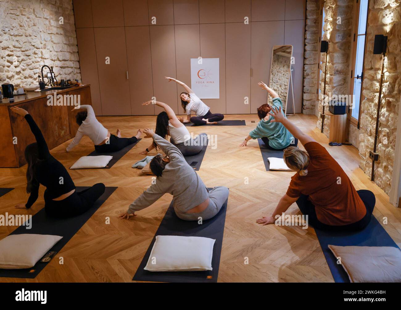 PUPPY YOGA IN PARIS Stock Photo