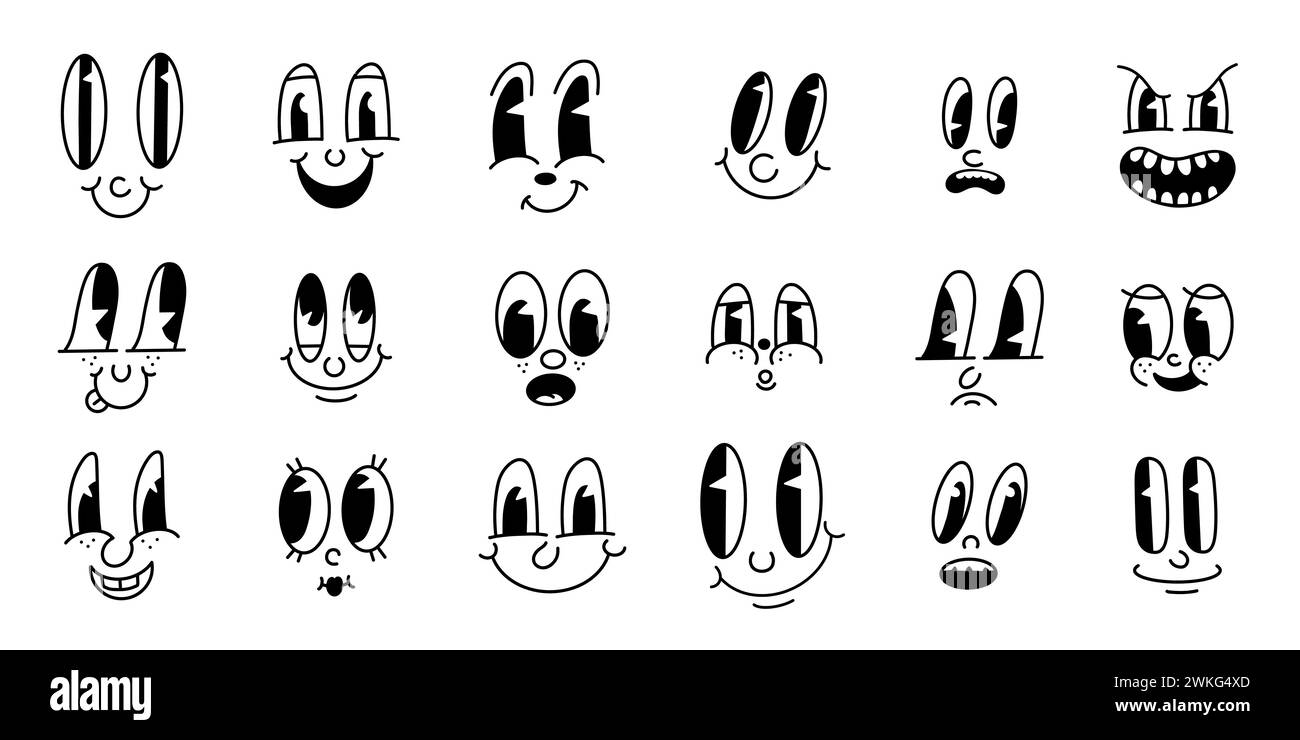 Retro 30s cartoon mascot characters funny faces. 50s, 60s old animation eyes and mouths elements. Vintage comic smile for logo vector set. Smiley Stock Vector