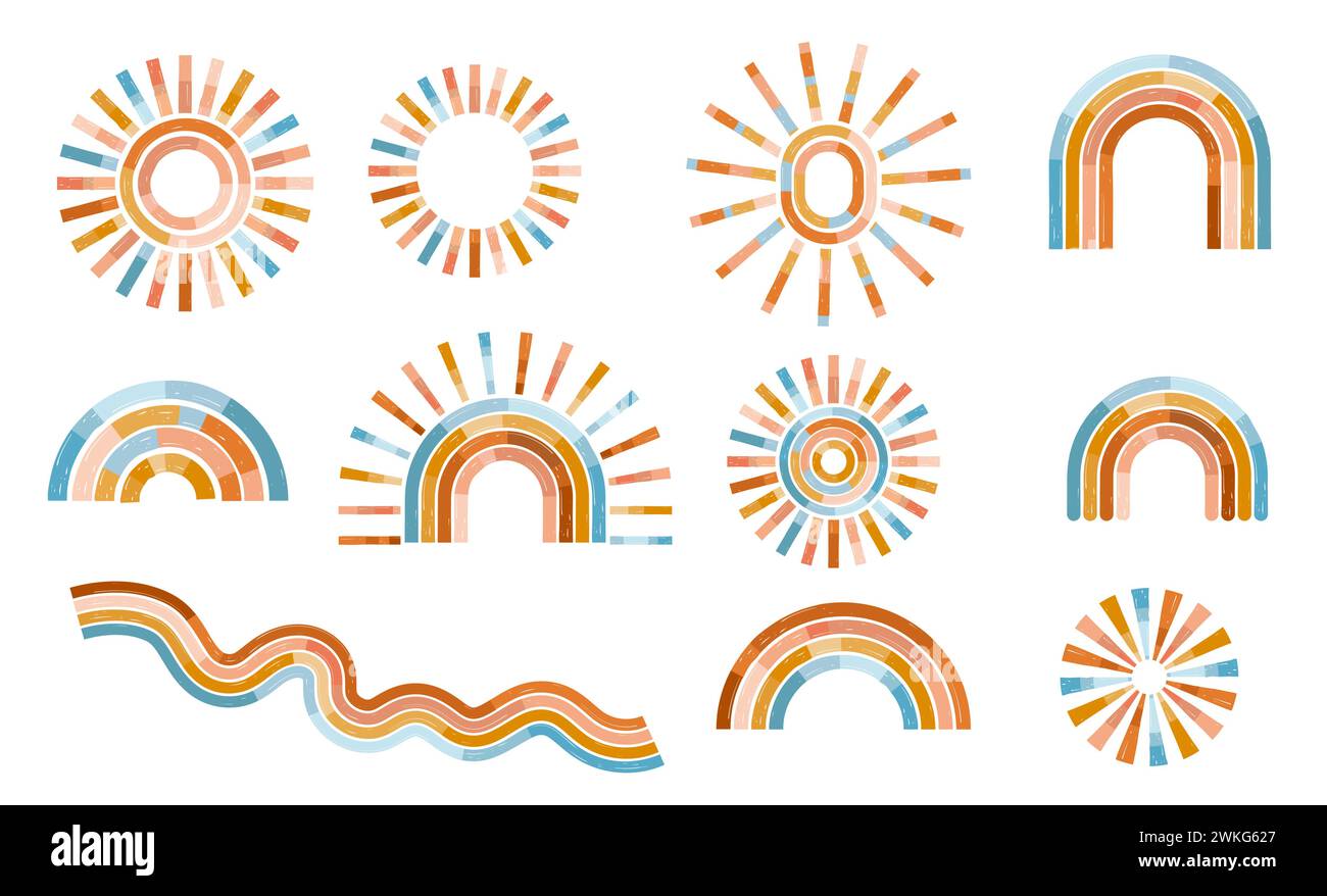 Collection of pastel colors sun and rainbows icons, symbols. Vector ...