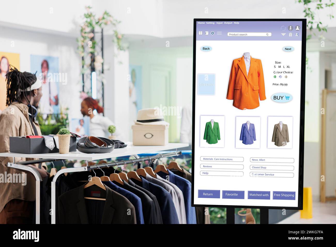 Interactive monitor board kiosk service trendy clothing items and merchandise on display in fashion boutique at mall. Touch screen with user interface of online shop self service checkout Stock Photo ...