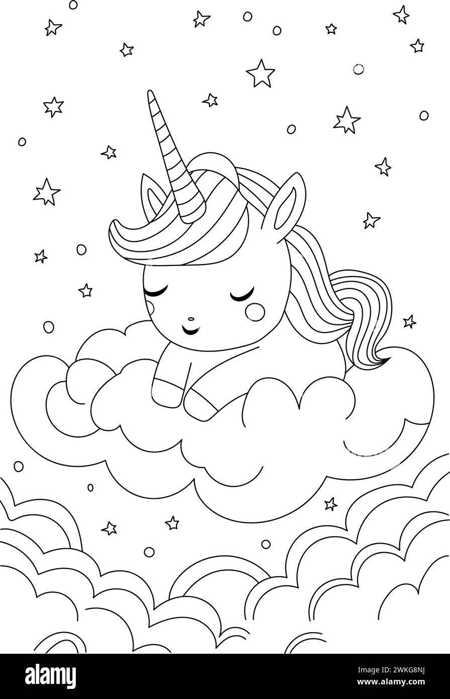 Unicorn Sleeping On Moon Is A Coloring Book Page For Children And ...