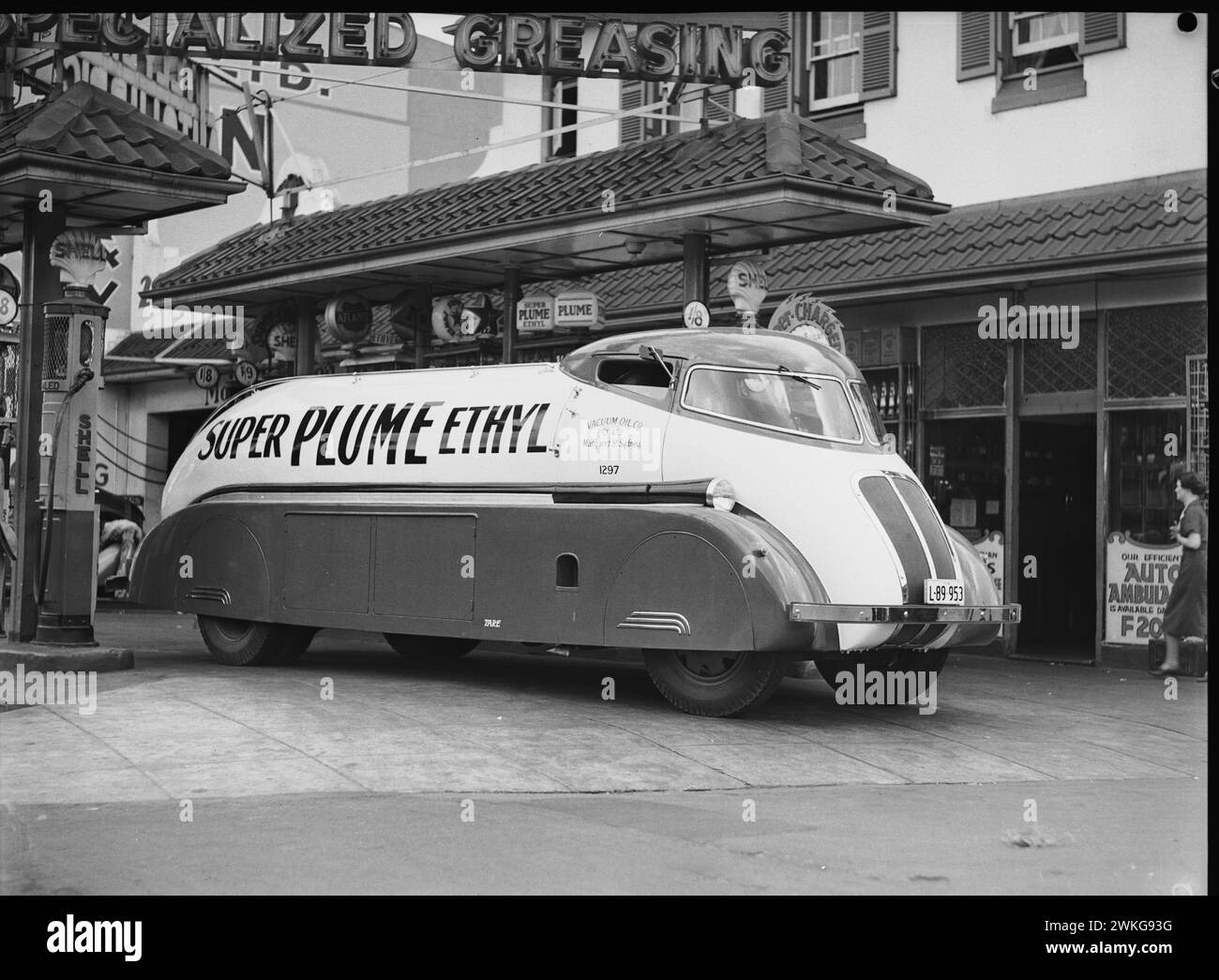 New oil waggon [wagon], 26 May 1937 / photographs by Baden H. Mullaney.   This streamlined vehicle was designed to improve fuel efficiency and was introduced by the Vacuum Oil Company in 1937. The futuristic Australian body design was built on top of an REO Speedwagon chassis by Martin and King, Melbourne-based motor body builders Stock Photo