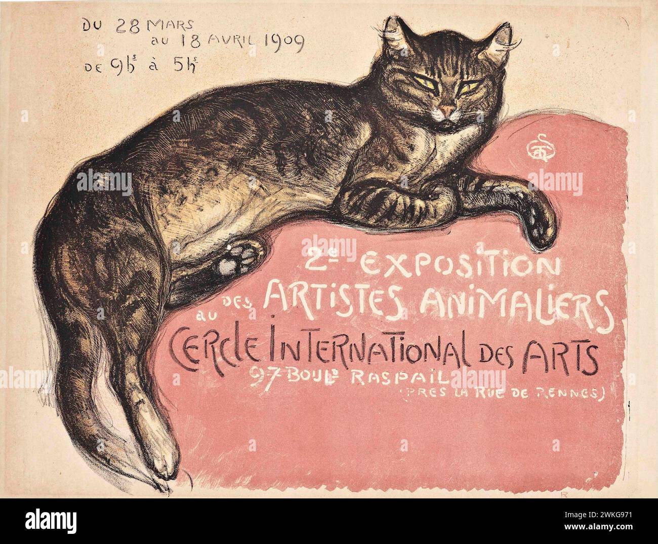 Vintage art Poster for 2e Exposition Des Artistes Animaliers, by Théophile Alexandre Steinlen , 1909   {Second animal artist exhibit} in Paris Stock Photo