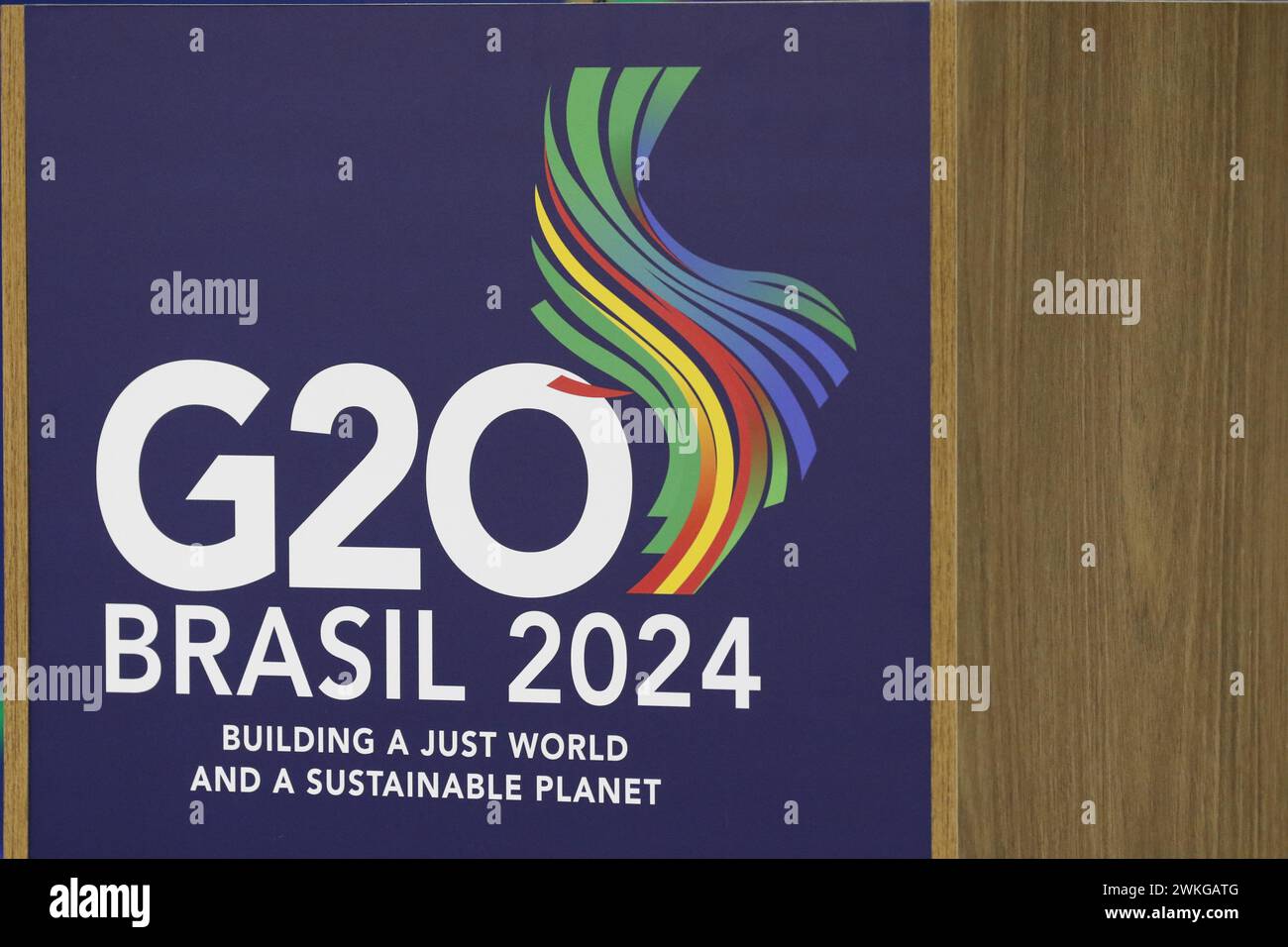 G20 Brazil 2024 Summit logo on a wall. Symbol of the Group of 20