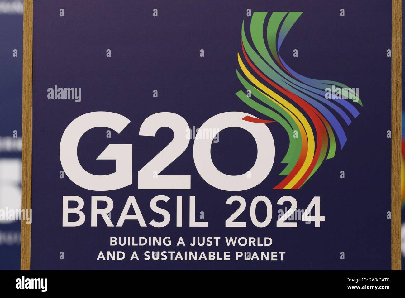 G20 Brazil 2024 Summit logo on a wall. Symbol of the Group of 20