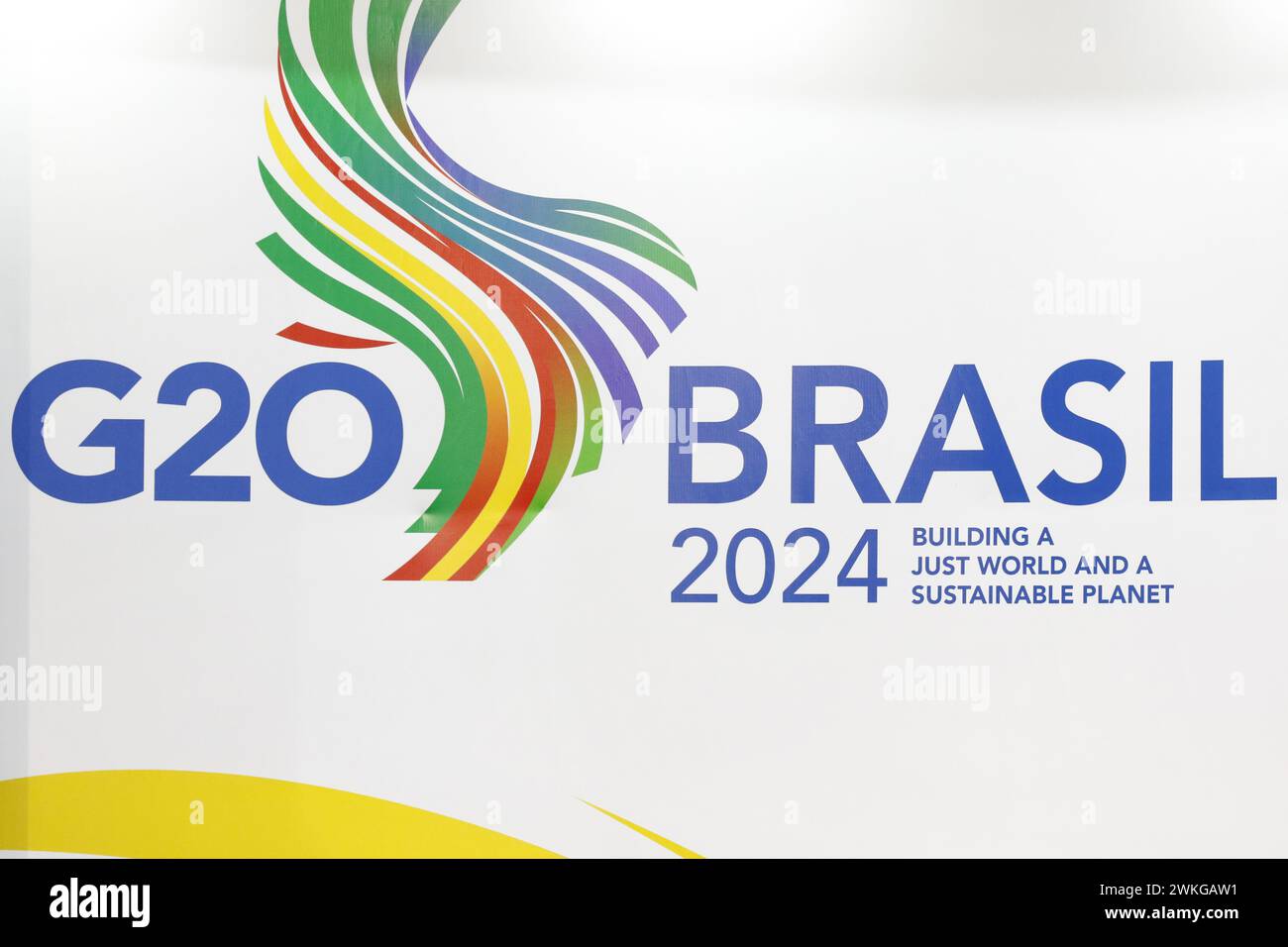 G20 Brazil 2024 Summit logo on a wall. Symbol of the Group of 20