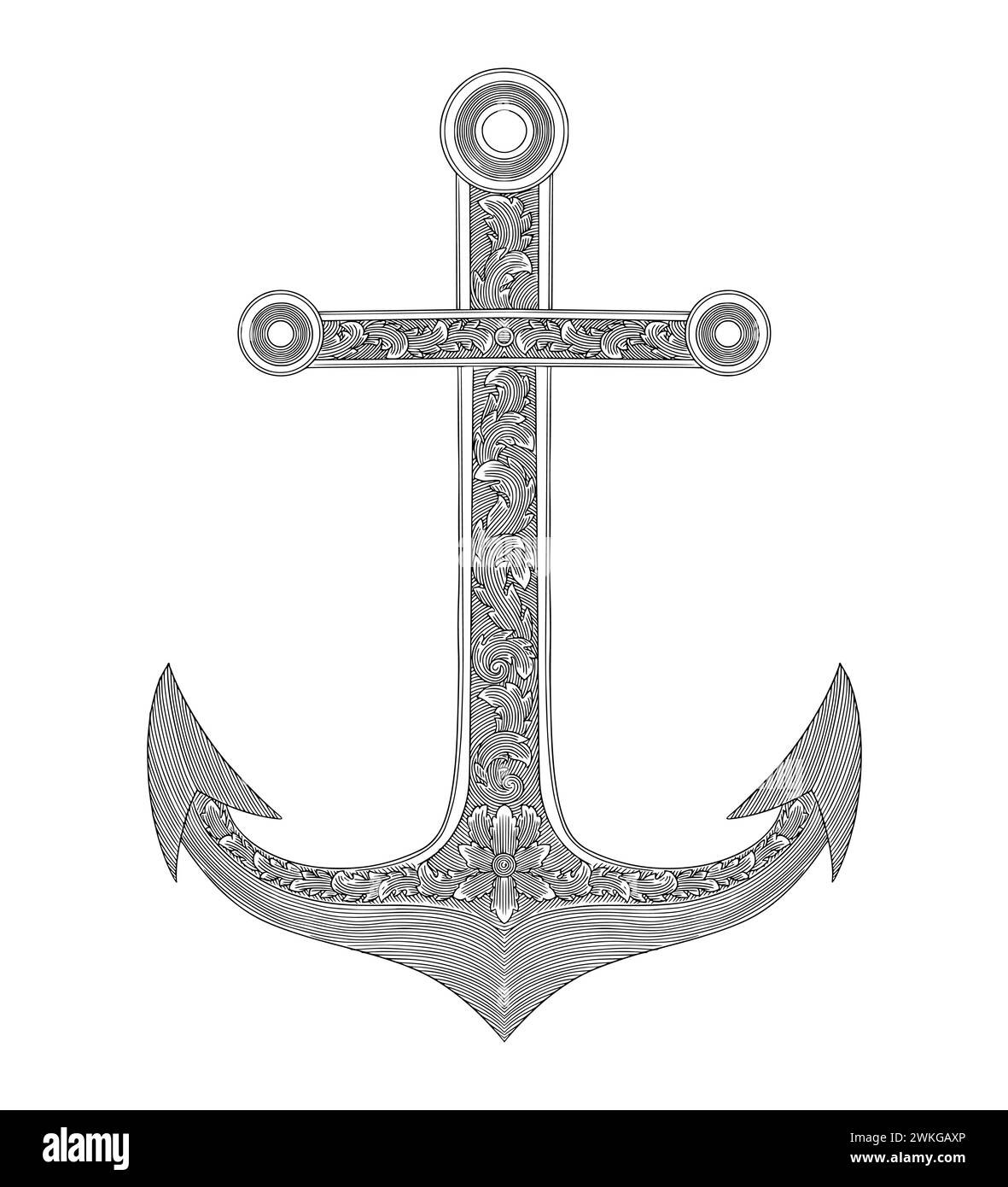 Ship anchor with leaf ornament vintage engraving drawing illustration Stock Vector