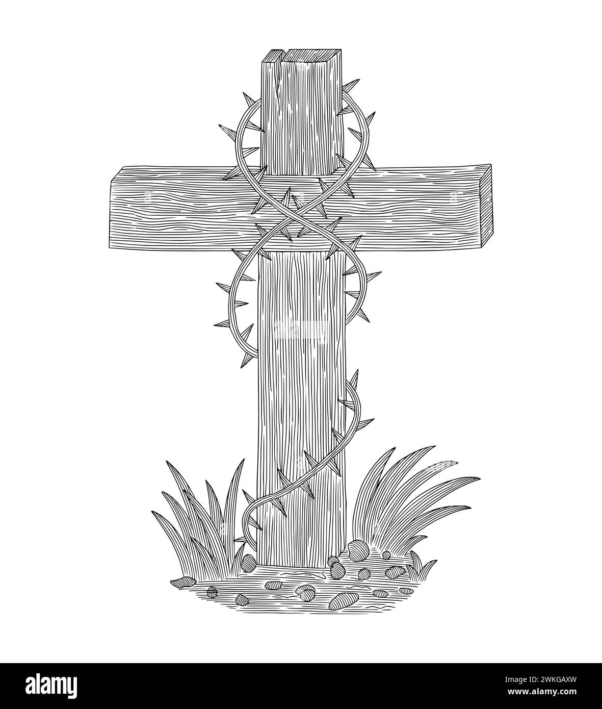 wooden cross with thorn. Easter . symbol of Christianity vintage engraving drawing illustration Stock Vector