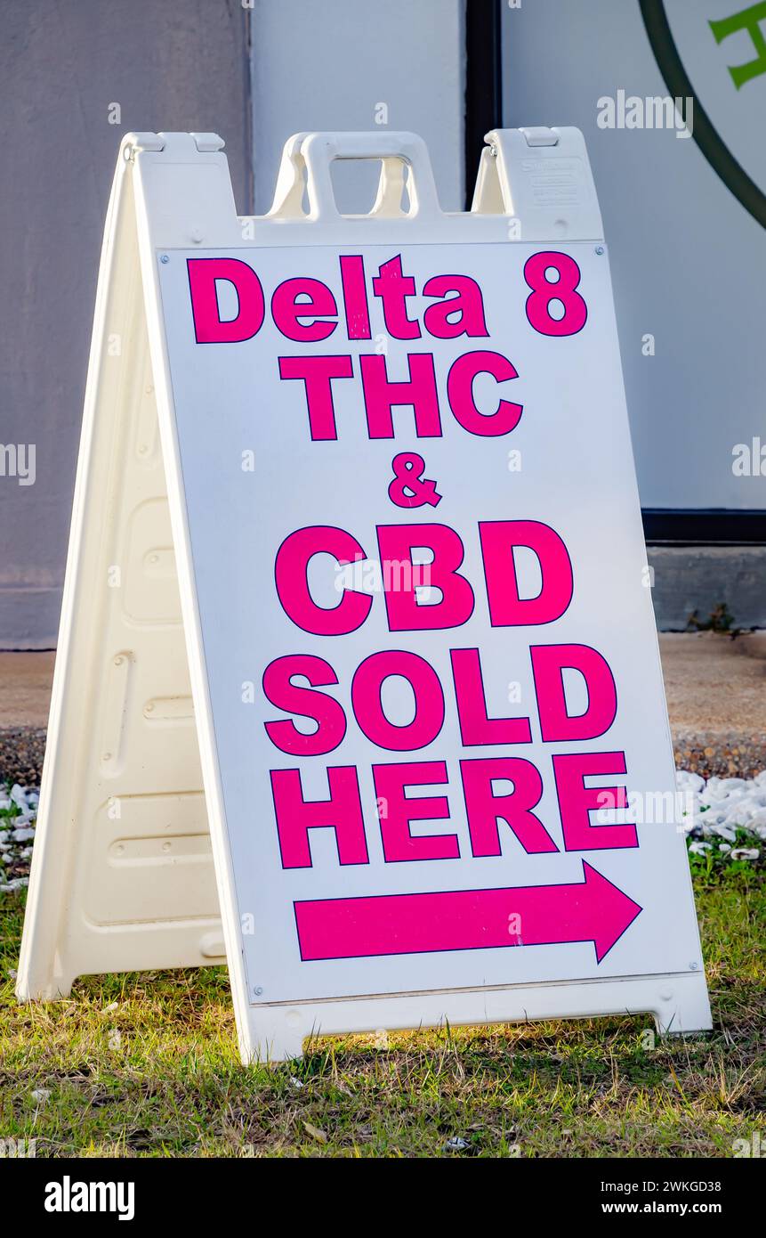 Delta 8 THC is advertised in Mobile, Alabama. Cannabis is illegal for recreational use in Alabama, but shops are allowed to sell hemp-derived products. Stock Photo