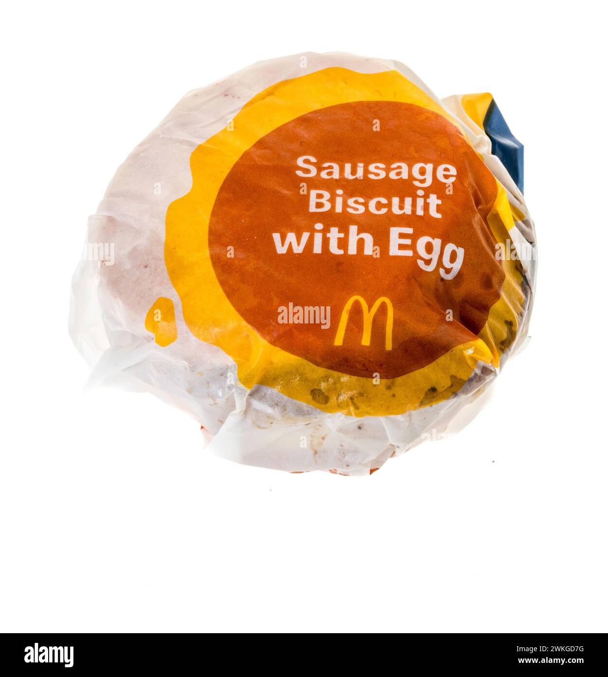 Winneconne, WI - 20 February 2024: A package of McDonalds sausage biscuit with egg on an isolated background. Stock Photo