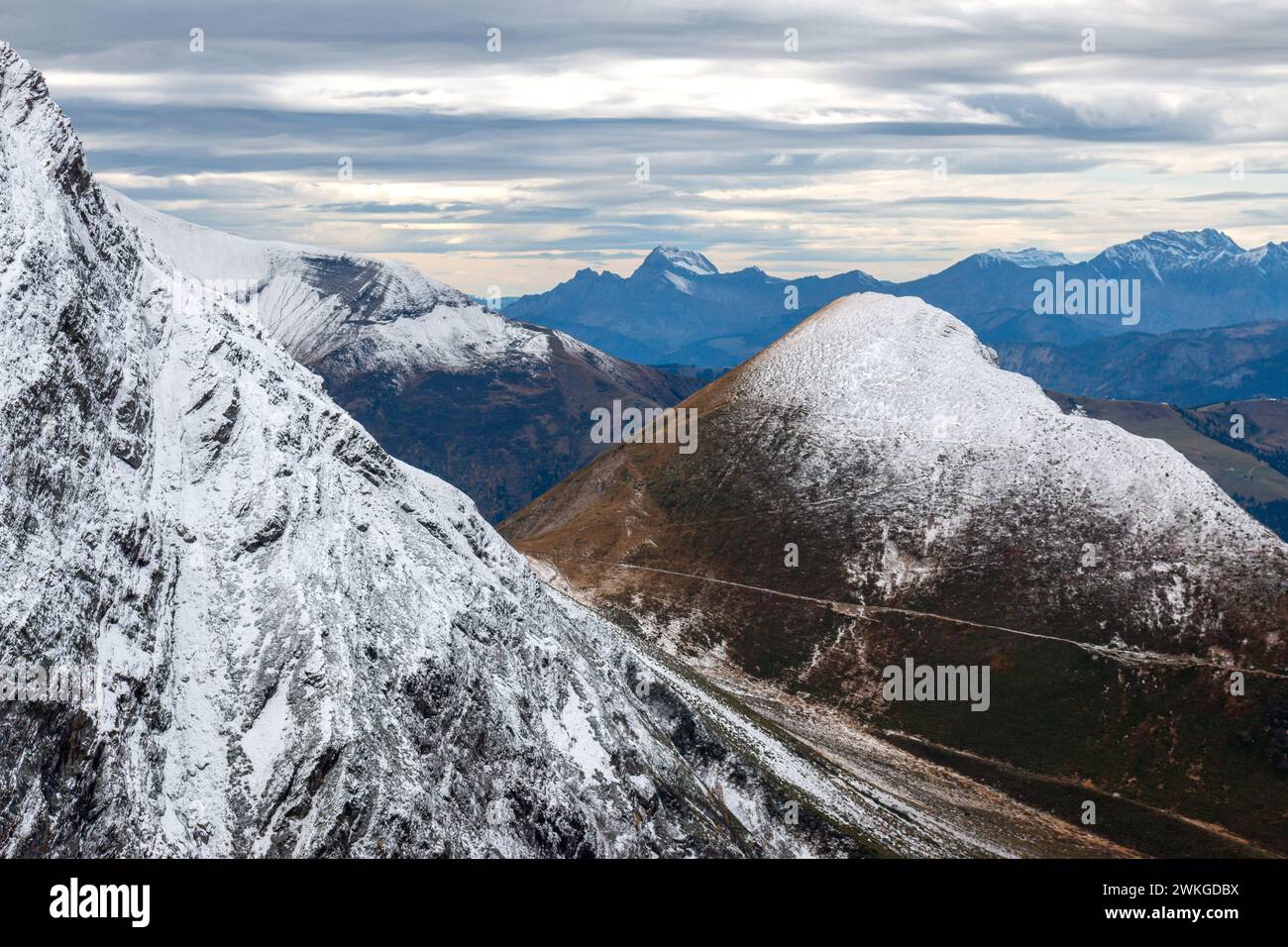 The view from a hiking trail to Nid d’Aigle from Les Houches, late October, Massif du Mont Blank, Alps, France Stock Photo