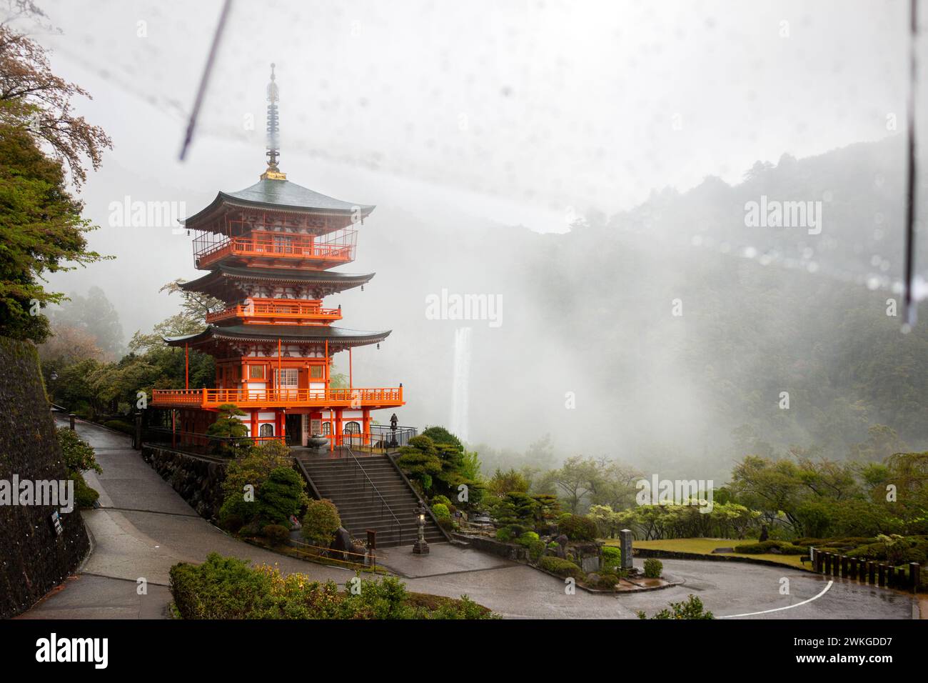 Seiganto-ji Temple Pagoda with Nachi Falls behind it on a rainy day, April, Japan Stock Photo