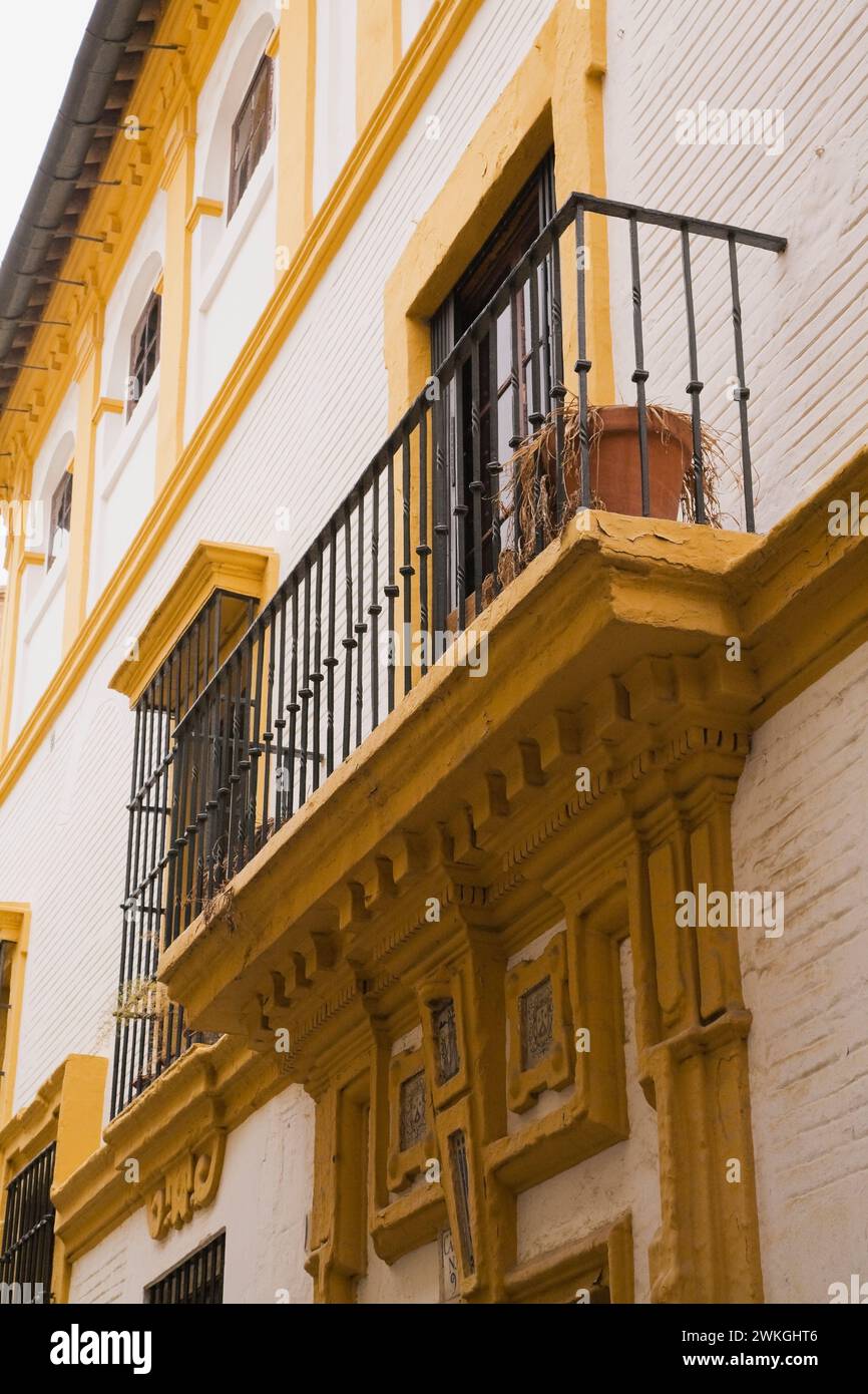 Balcony on old architectural apartment building, Seville, Spain. Stock Photo