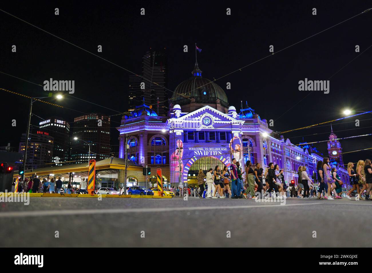 A Taylor Swift projection is shown on Flinders Street Station to greet fans attending 3 record breaking shows at the MCG. Stock Photo