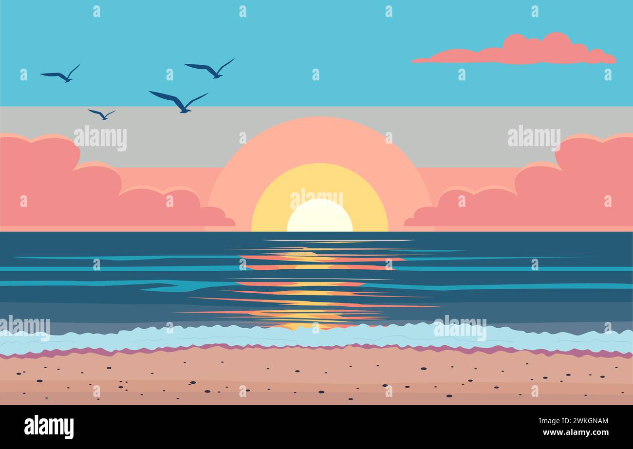 Flat Design of Beautiful Beach Landscape with Seagulls Flying in Colorful Sky at Sunset Stock Vector