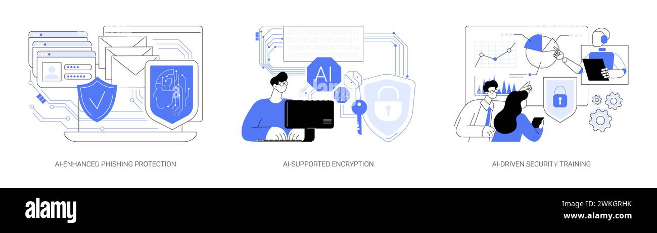 AI-powered Cybersecurity abstract concept vector illustrations. Stock Vector