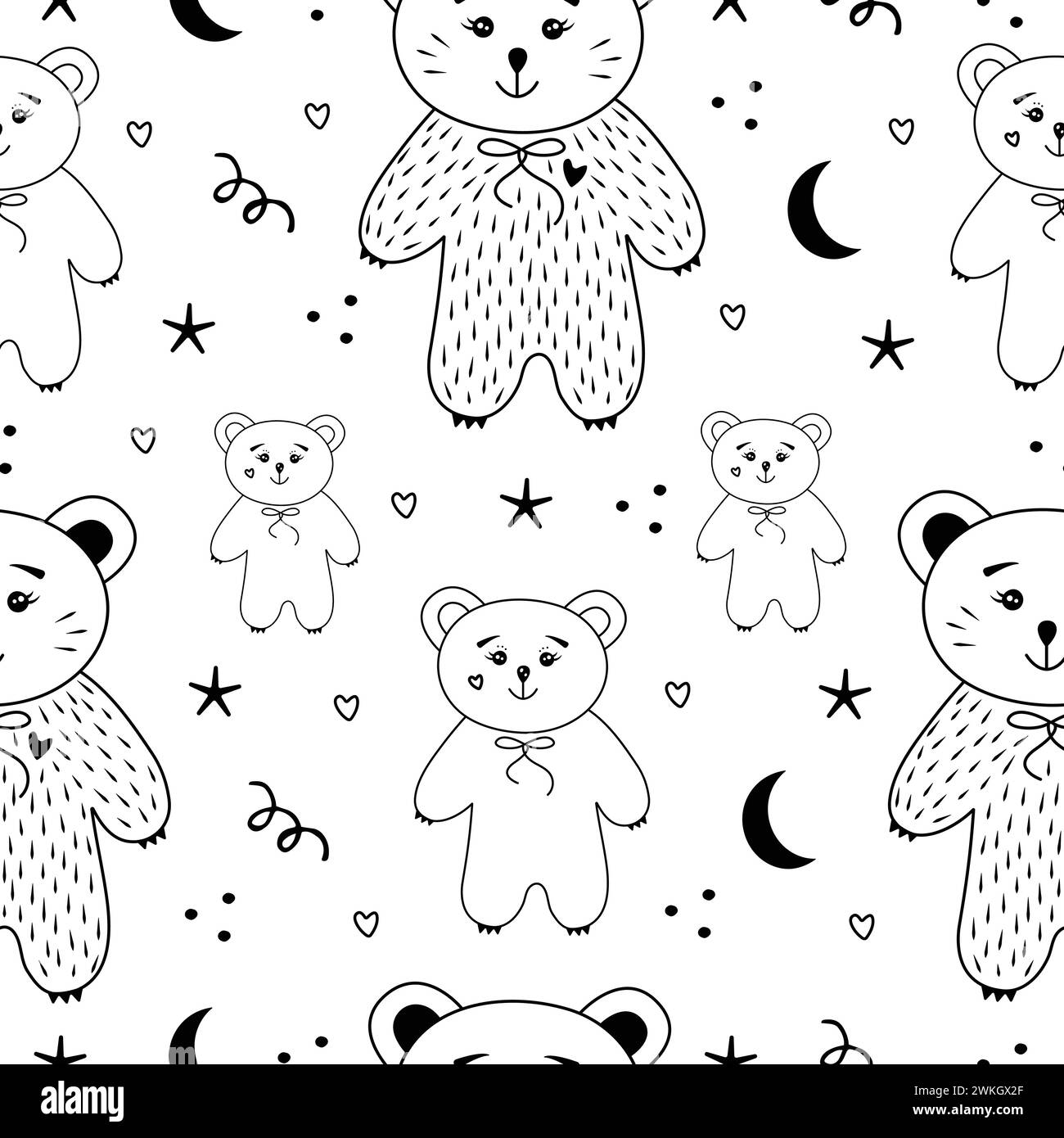 Cute kawaii bears, black and white seamless pattern, print in scandinavian style Stock Vector