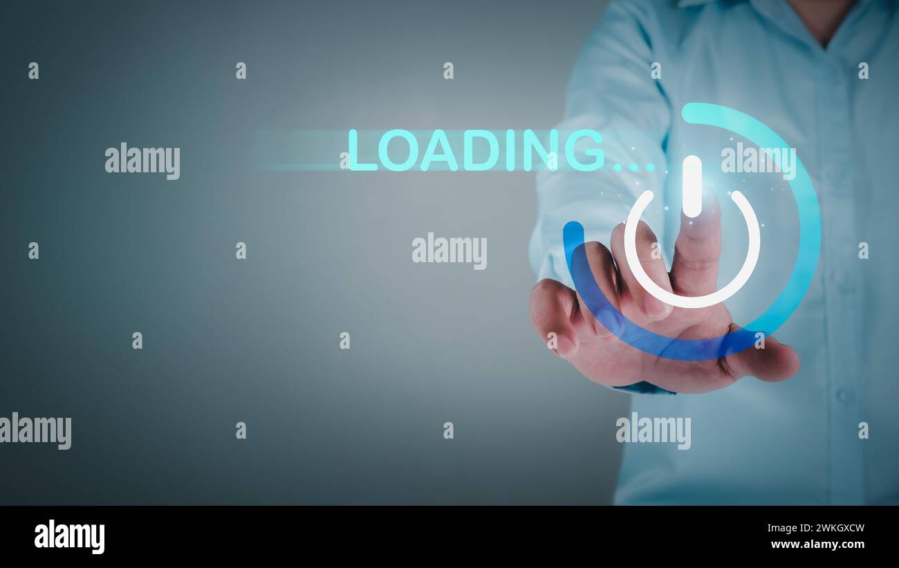 Businessman showing virtual glowing open button to download and loading ...
