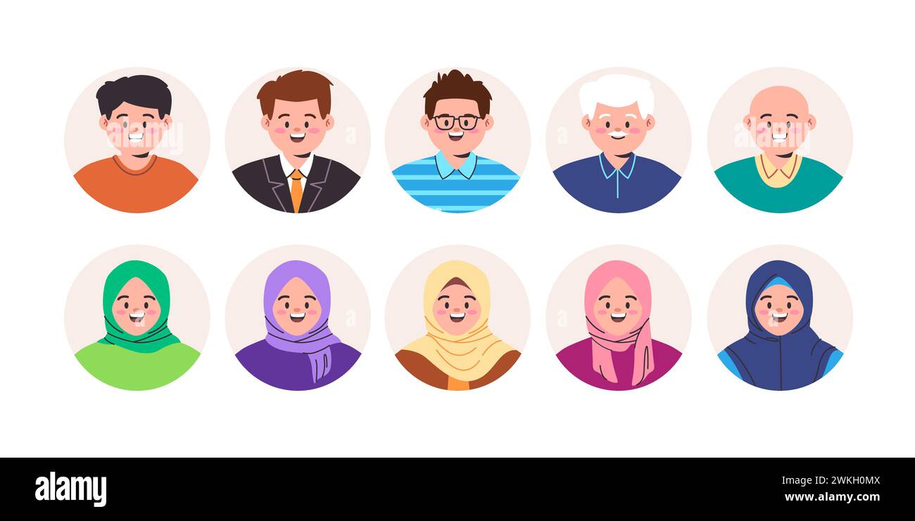 avatar character young man and muslim woman diverse people wear clothes style Stock Vector
