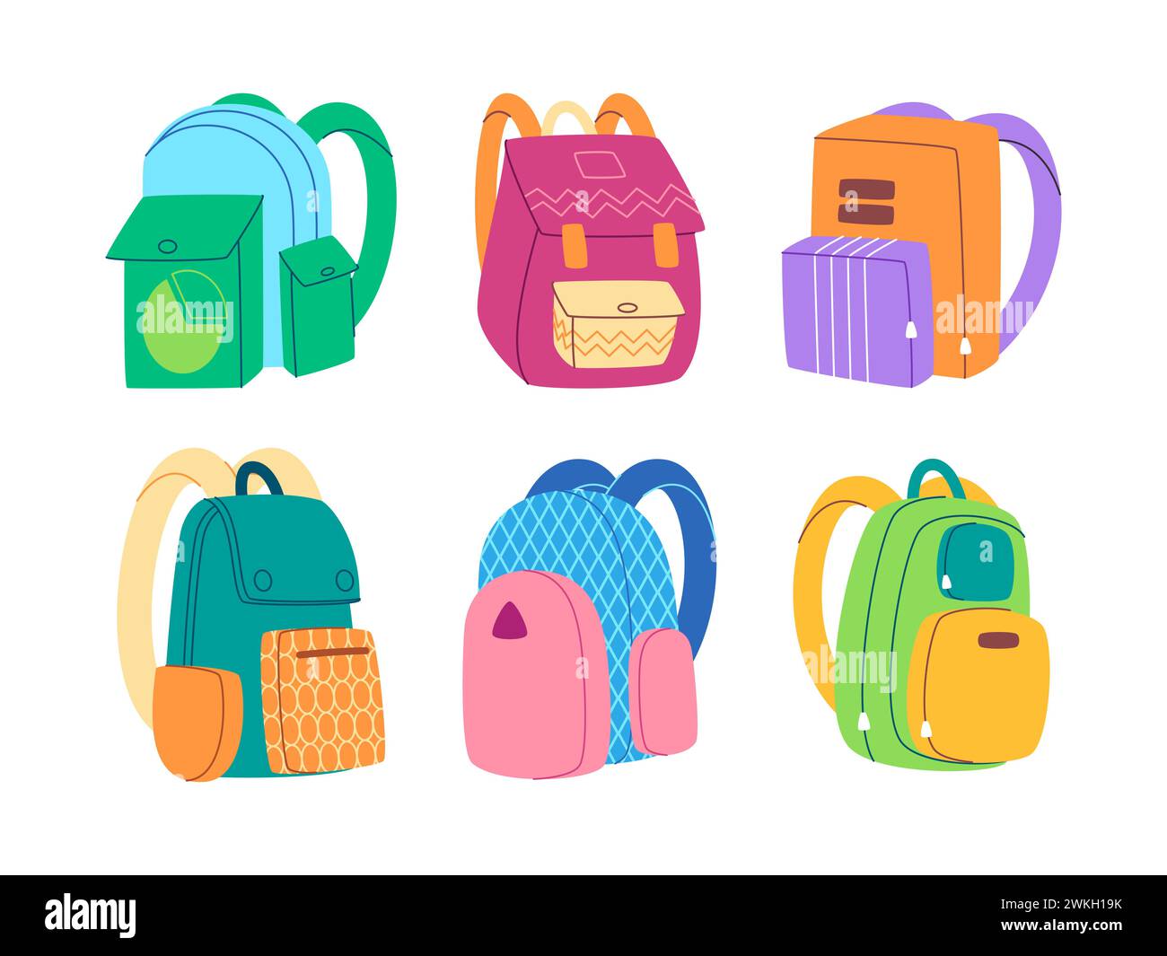 colorful backpack rucksack baggage accessory equipment children school bag zipper pack modern design Stock Vector