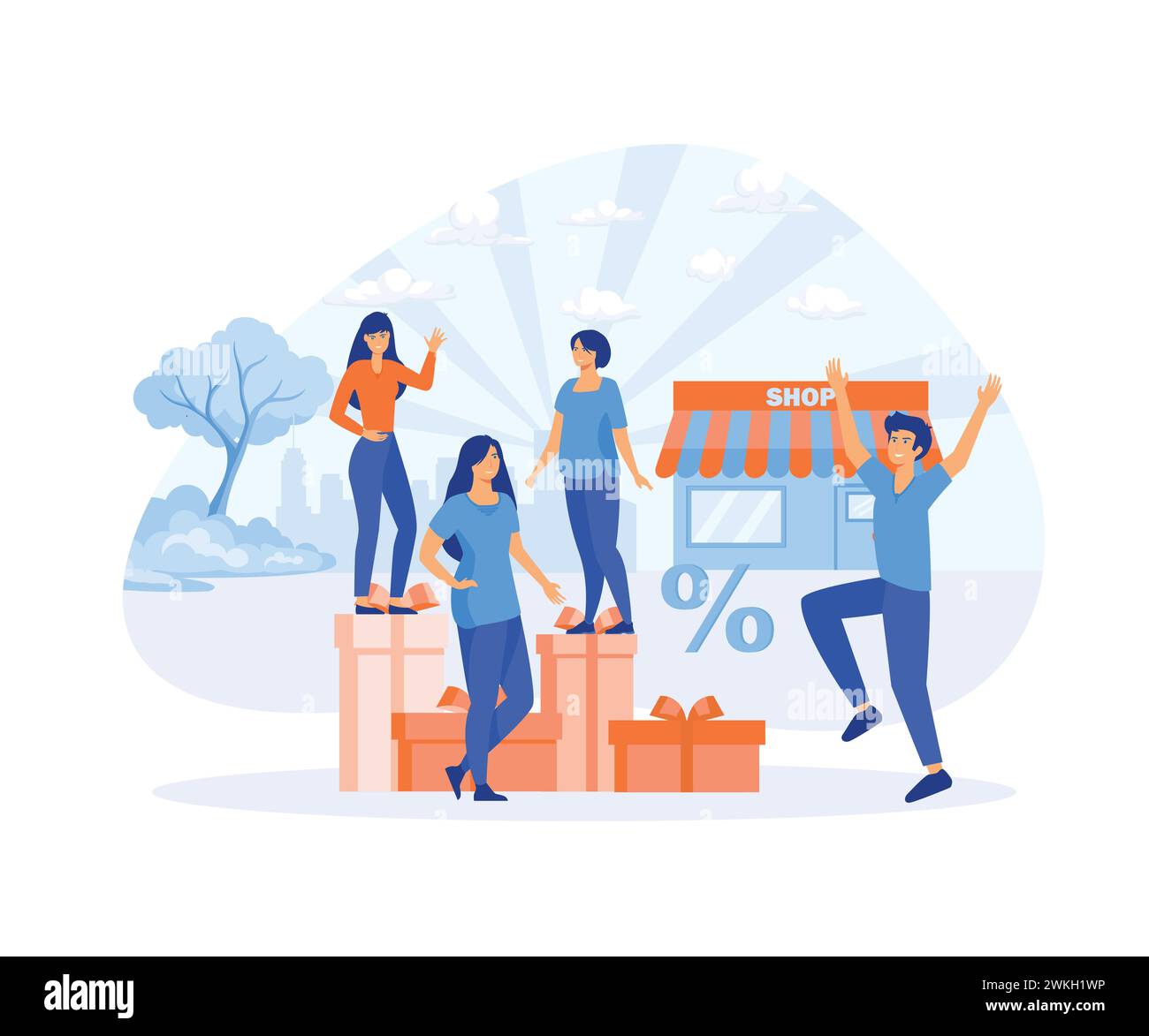 Flat cartoon happy little female shopper character celebrating big sale