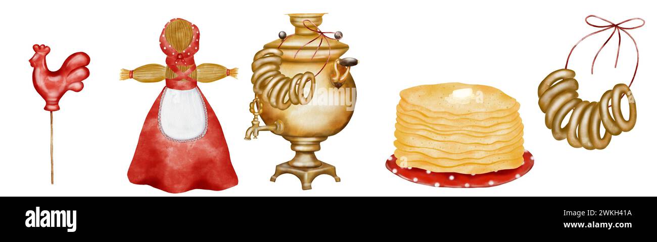 Watercolor set on Shrovetide isolated pictures on white background. Samovar with bagels and rooster, straw effigy in national Russian costume and Stock Photo