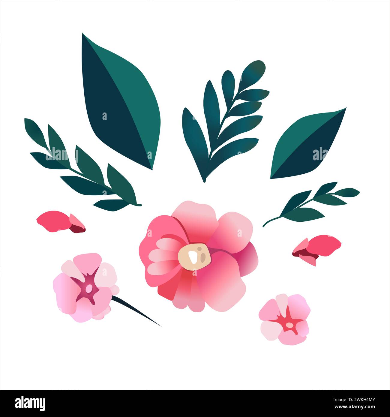 Simple vector handdrawn flowers and leaf. Pink green plants in flat ...