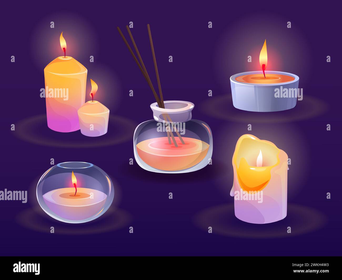 Aroma burning candles and scent diffuser with sticks. Cartoon vector illustration set of color candlelight for aromatherapy in glass jar and container with fragrance Stock Vector