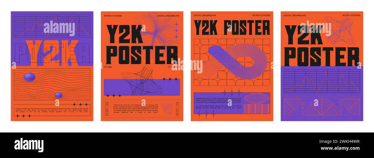 Set of retro futuristic vibe banners. Vector realistic illustration of y2k aesthetic posters with orange and purple color background, text borders, statistics data chart frames, retrowave collage Stock Vector
